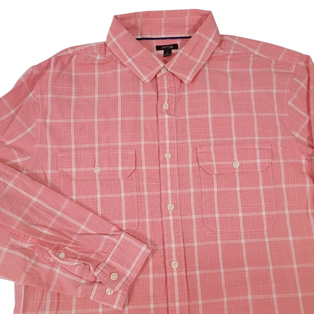 Apt. 9 Mens Pink White Plaid Cotton Long Sleeve Button Down Shirt Large
